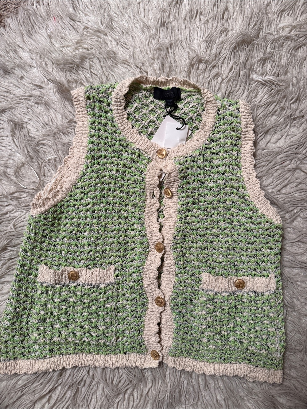 Zara Green and Cream Tweed-Effect Sleeveless Cardigan